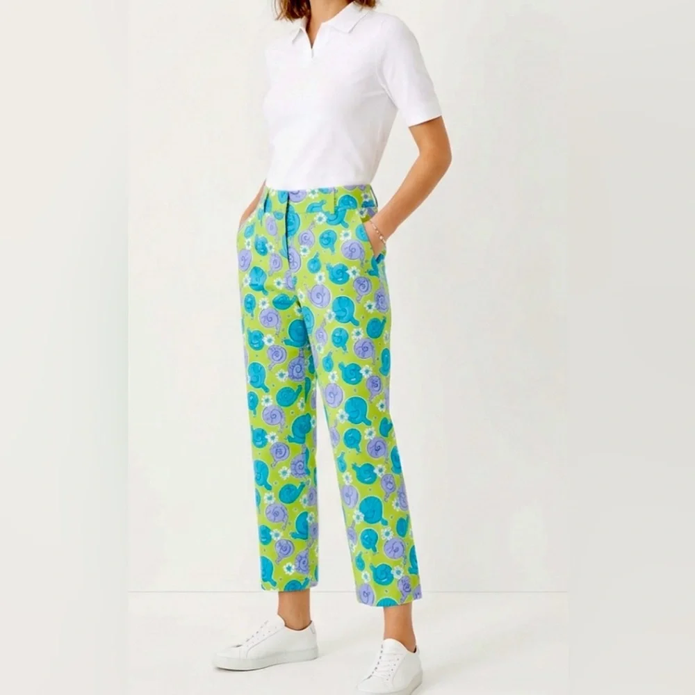 Lilly Pulitzer Green Blue Snail Floral‎ Print Cropped Pants Womens Size 10